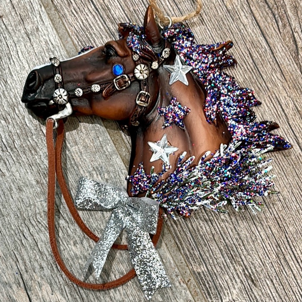 Holiday Horses: “Liberty” design. Decorated Christmas/holiday horse ornament